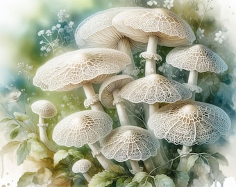 Lacy White Mushrooms Clipart: White Fungi, Junk Journal Ephemera (Digital Download JPGs)