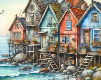 Whimsical Seaside Cottages Clip Art Bundle 10 High Res Watercolor JPGs Junk Journaling, Scrapbooking, Card Making, Digital Download, Fantasy