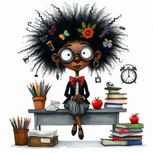 Quirky Black Teacher Clip Art 10 High Res Watercolor JPGs Junk Journaling, Scrapbooking, Card Making, Digital Download, Fantasy, Whimsical