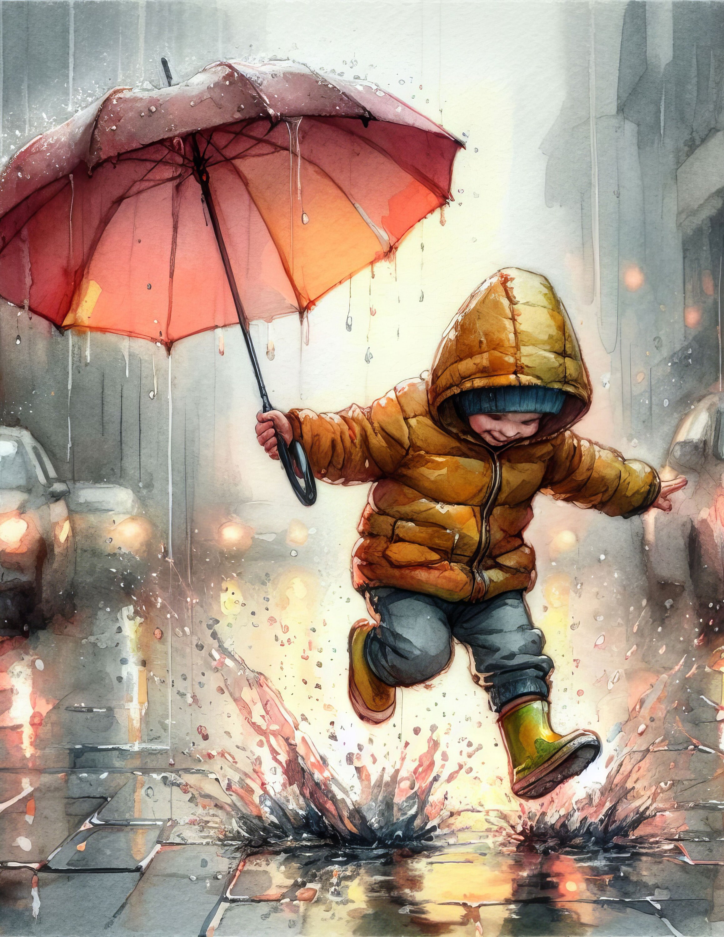 Little Boy Jumping in Puddles: Clip Art, 10 High Res Watercolor