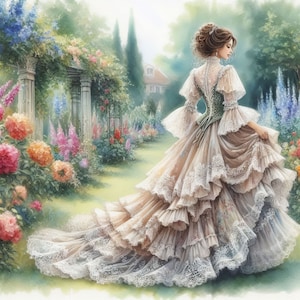 Elegante Victorian Lady Clip Art 10 JPG de acuarela de alta resolución para diario basura, scrapbooking, fabricación de tarjetas, kit de descarga digital