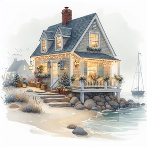 May include: Watercolour painting of a charming seaside cottage with a blue roof, decorated with fairy lights and festive adornments. A small sailboat is in the distance. The cottage is on a sandy beach with a stone foundation.
