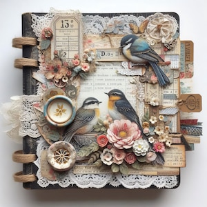 Puede incluir: Un álbum de recortes decorativo con estética vintage. La cubierta negra está adornada con encuadernación de cuerda, papel efímero, encaje y adornos florales. Se presentan ilustraciones de aves y el número 13.