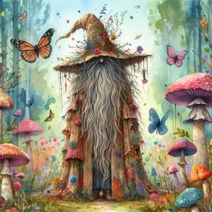 May include: A whimsical illustration of a forest gnome with a long, flowing grey beard and a tall, decorated hat. The gnome wears a layered, patterned cloak and stands amidst colourful mushrooms and butterflies. The background features a soft, watercolour-style forest scene.