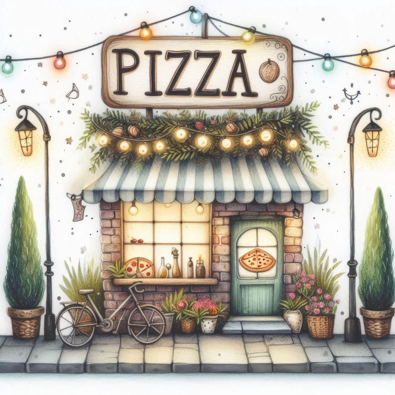 May include: A charming illustration of a small brick building with a sign that reads "PIZZA". The building has a green door and a window with a pizza inside. There are string lights and greenery above the door. A bicycle is parked in front of the building.