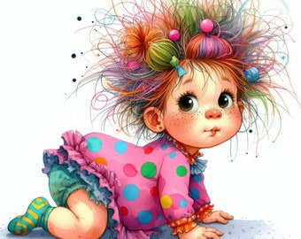 Quirky Crawling Baby Girl: Clip Art 10 High Res Watercolor JPGs, Journaling, Scrapbooking, Card Making, Digital Art, Fantasy, Whimsical