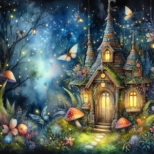 Magisches Feenhaus Clip Art 10 hochauflösende JPGs in Aquarellfarben Junk Journaling, Scrapbooking, Kartenherstellung, Poster, Digital, Fantasy, Skurril