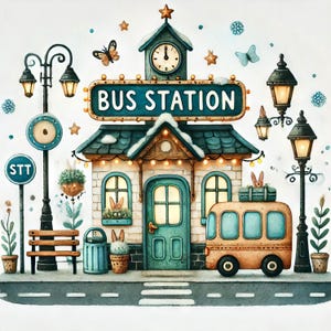 Puede incluir: Una ilustración de acuarela de una estación de autobuses con un autobús amarillo, un banco y un letrero que dice "BUS STATION".