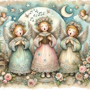 Shabby Chic anges chantant Clip Art 10 fichiers JPG aquarelle haute résolution pour la journalisation indésirable, le scrapbooking, la fabrication de cartes, le kit de téléchargement numérique