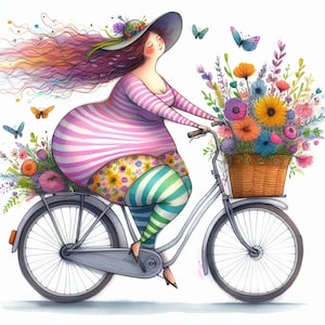Eigenzinnige bochtige dame op een fiets 10 high-res aquarel JPGs Junk Journaling, kaarten maken, digitale downloadkit, fantasie, grillig