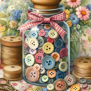 Button Jar Clip Art Bundel 10 high-res aquarel jpg's voor junk journaling, scrapbook, ambachten, digitale download, fantasie, grillig