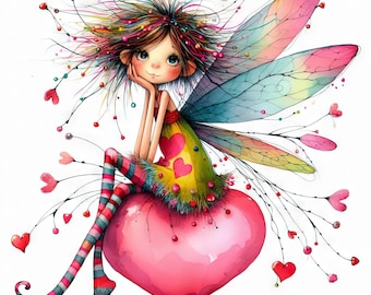 Clip art de hada de San Valentín extravagante 10 archivos JPG de acuarela de alta resolución Diario basura, álbumes de recortes, fabricación de tarjetas, descarga digital Fantasía, caprichoso