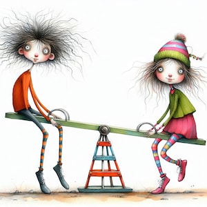 Quirky SeeSaw Clip Art 10 High Res Watercolor JPGs for Junk Journaling, Scrapbooking, Card Making, Digital Download Kit, Fantasy, Whimsical
