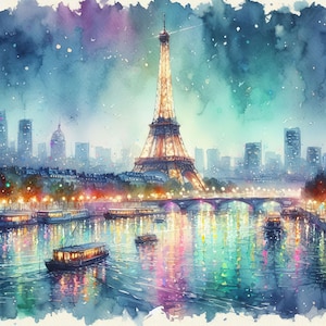 Kit de 10 cliparts Paris at Night 10 fichiers JPG aquarelles haute résolution pour la journalisation indésirable, scrapbooking, travaux manuels, téléchargement numérique