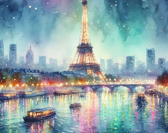 May include: A watercolor painting of the Eiffel Tower in Paris at night. The tower is lit up and there are lights reflecting in the water below. There are boats on the water and buildings in the background.