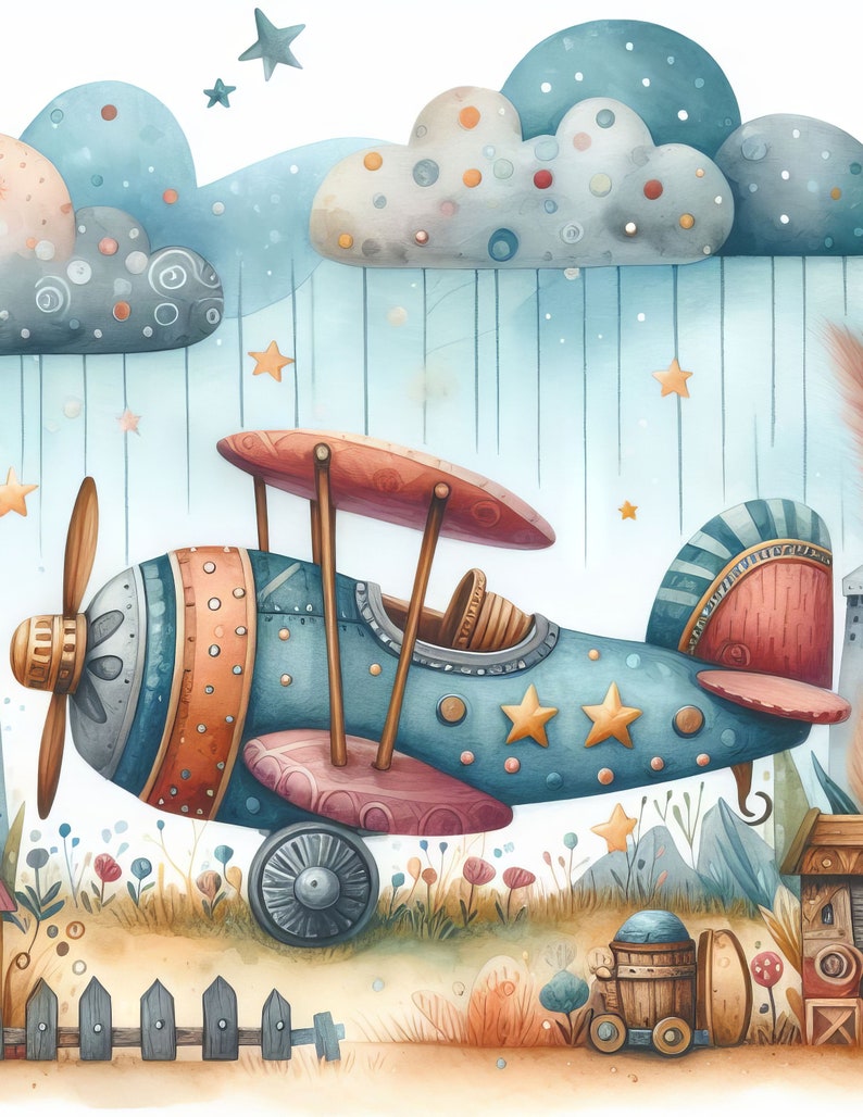 May include: A blue and red toy airplane with brown propeller blades and wheels. The airplane is surrounded by clouds with white and blue polka dots and stars. The airplane is sitting on a grassy field with a wooden fence in the foreground.