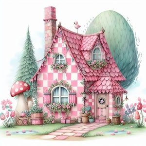 Pink Checkered Cottage 10 wysokiej rozdzielczości akwarelowe JPG Junk Journaling, 4 lipca, tworzenie kartek, plakaty, pobieranie cyfrowe, fantasy, kapryśne