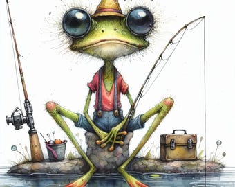 Quirky Frog Fishing: 10 High Res Watercolor JPGs Junk Journaling, Scrapbooking, Card Making, Websites, Digital Art, Fantasy, Whimsical