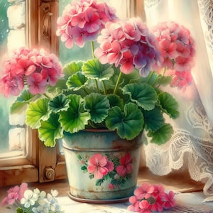 Puede incluir: Una planta en maceta con flores de geranio rosas en una maceta de cerámica azul y blanca con diseños florales. La maceta está sentada sobre un mantel de encaje blanco frente a una ventana con cortinas blancas.