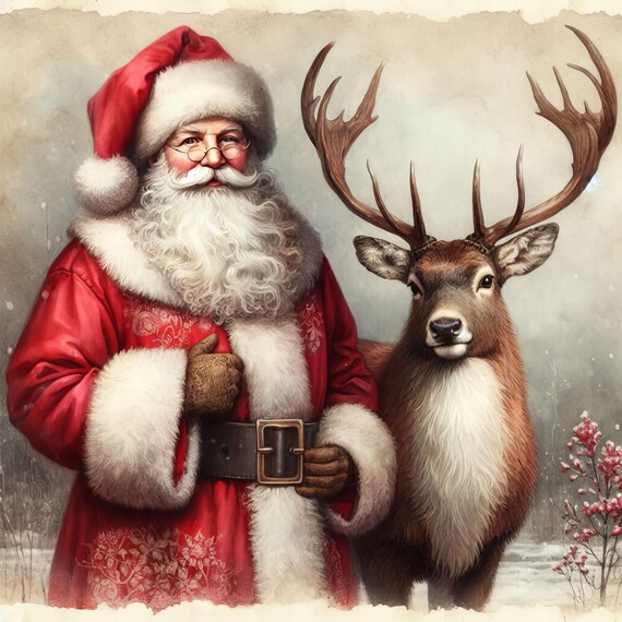 トナカイとサンタのビンテージクリップアート 10枚の高解像度水彩JPG