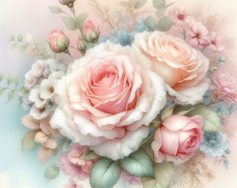 Pastel Roses Clip Art 10 High Res Watercolor JPGs for Junk Journaling, Scrapbooking, Card Making, Digital Art