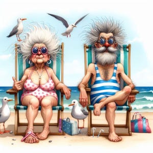 Ancianos extravagantes en la playa 10 archivos JPG de acuarela de alta resolución para diarios basura, álbumes de recortes, creación de tarjetas, descarga digital, fantasía, caprichos