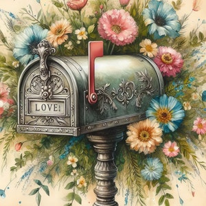 Vintage Mailbox With Flowers Clip Art Bundle 10 High Res Watercolor JPGs for Junk Journaling, Scrapbook, Crafts, Digital Download