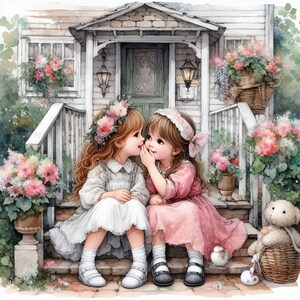 May include: Two young girls with long brown hair are sitting on a porch steps. One girl is wearing a white dress with a floral crown and the other is wearing a pink dress with a bow in her hair. They are whispering to each other. There is a stuffed animal and a basket on the steps.
