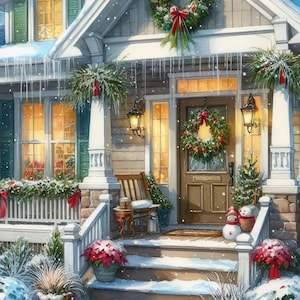 Portico anteriore a Natale Art Kit 10 JPG ad alta risoluzione acquerello per Junk Journaling, Scrapbooking, Artigianato con la carta, Download digitale