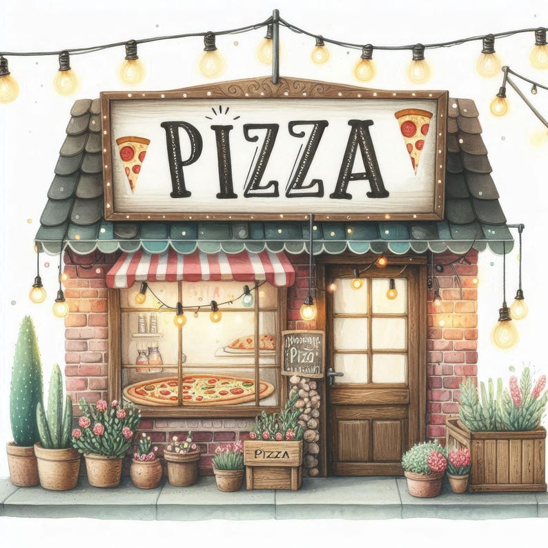 May include: A watercolor illustration of a small brick building with a sign that says "Pizza". The building has a red and white awning, a window with a pizza inside, and a door with a sign that says "Homemade Pizza". There are string lights hanging above the building.