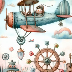 May include: A whimsical illustration of a blue airplane with a pilot wearing goggles and a beard flying over a colorful landscape with a large wooden wheel, a clock, and other whimsical details.