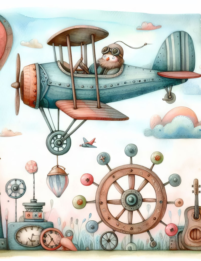 May include: A whimsical illustration of a blue airplane with a pilot wearing goggles and a beard flying over a colorful landscape with a large wooden wheel, a clock, and other whimsical details.