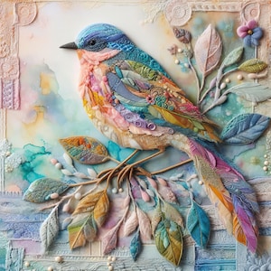 May include: A colorful, textured artwork of a bird perched on a branch. The bird features a blue head, pink chest, and a rainbow of colors in its wings and tail. The artwork includes leaves and flowers, set against a watercolor background.
