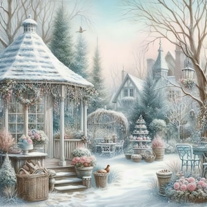 Kit de imágenes prediseñadas de jardín de invierno Shabby Chic: 10 archivos JPG de acuarela de alta resolución para diarios basura, álbumes de recortes, creación de tarjetas y descarga digital.