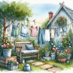 Kit de imágenes prediseñadas de día de lavado de verano, 10 archivos JPG de acuarela de alta resolución, diario basura, álbumes de recortes, manualidades con papel, descarga digital, fantasía, caprichoso
