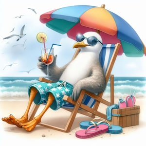 Gabbiano eccentrico sulla sedia da spiaggia Clip Art 10 JPG ad alta risoluzione per acquerelli Giornalismo, scrapbooking, creazione di biglietti, download digitale, stravagante