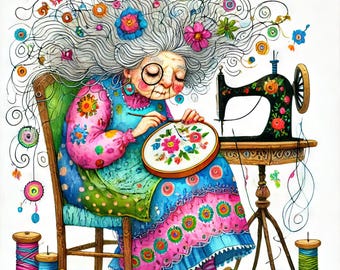 May include: A woman with gray hair and a colorful dress sits in a chair and works on a colorful embroidery project. She is surrounded by colorful threads and a sewing machine.