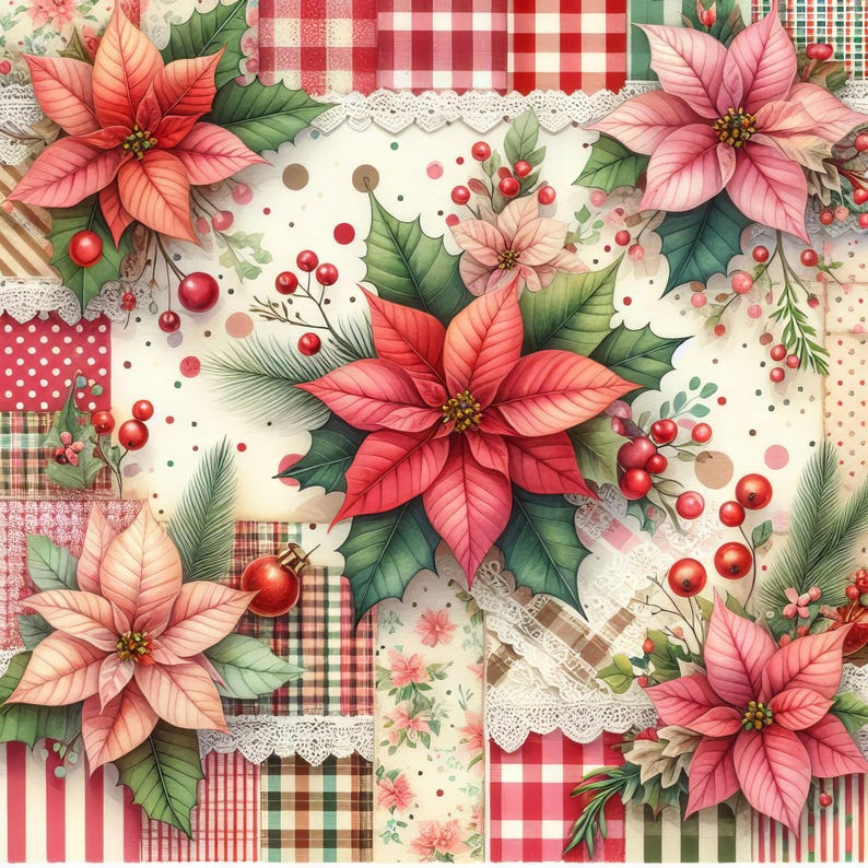 Calico Christmas Poinsettia Paper 10 High Res Watercolor Jpgs Junk