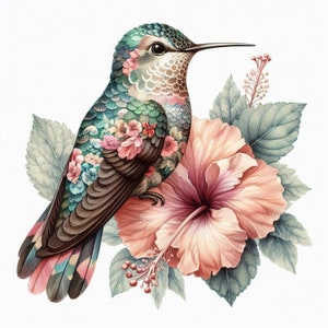 May include: A colorful hummingbird with floral patterns on its feathers perched on a pink hibiscus flower with green leaves.