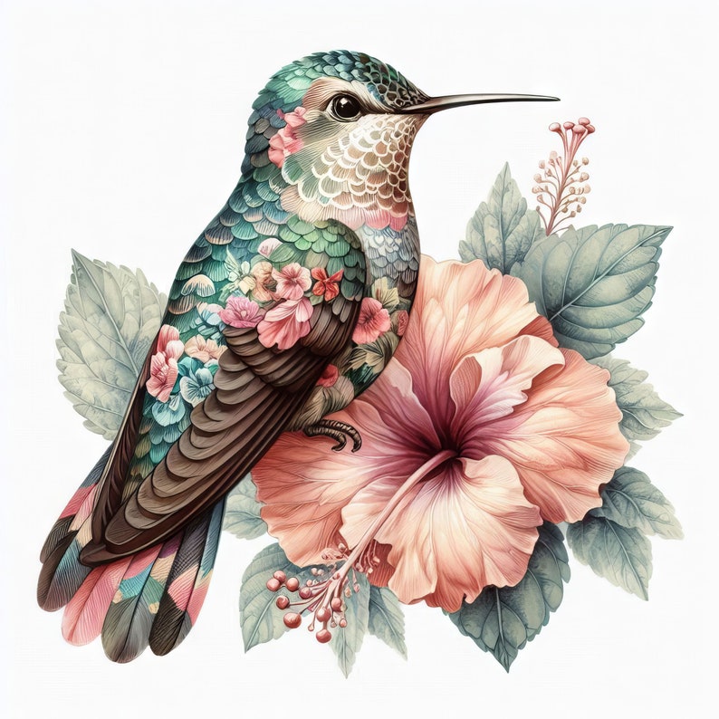 May include: A colorful hummingbird with floral patterns on its feathers perched on a pink hibiscus flower with green leaves.