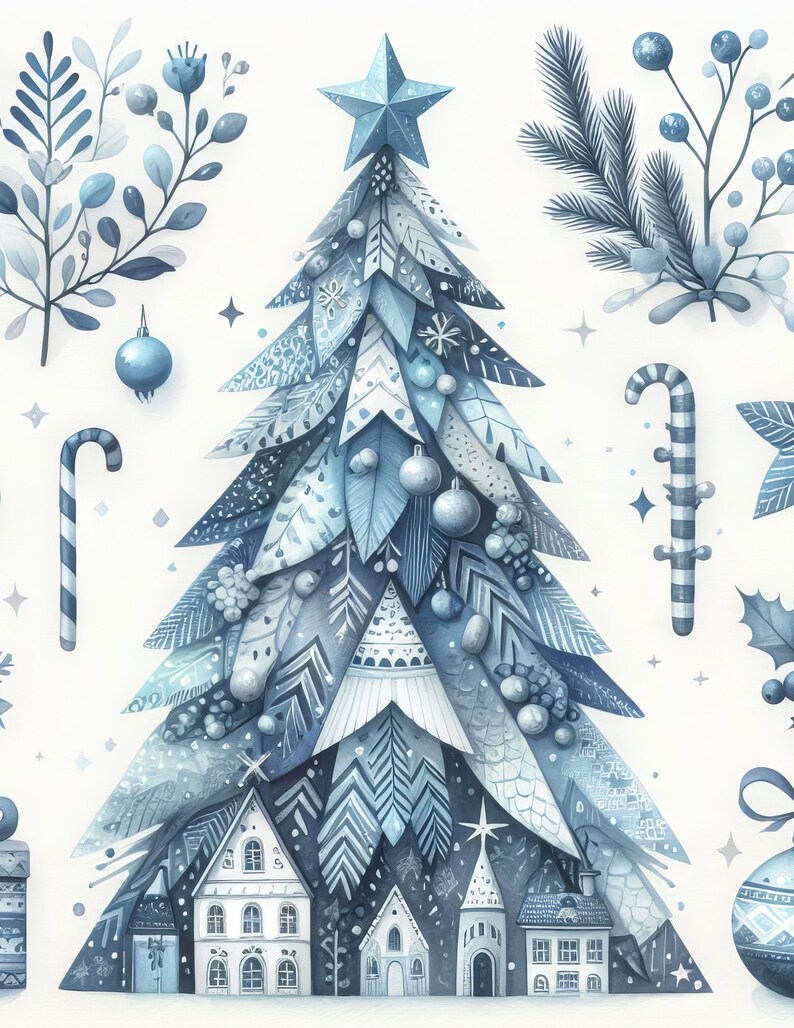 Nordic Blue Christmas Tree: Clip Art, 10 High Res Watercolor Jpgs, Junk ...