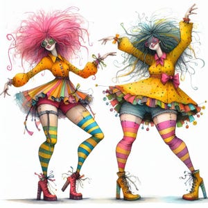 Quirky Curvy Dancers 10 JPG ad alta risoluzione in acquerello Junk Journaling, creazione di biglietti, kit di download digitale, fantasy, stravagante