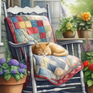 May include: A ginger cat naps on a rocking chair on a porch. The chair is covered in a colorful patchwork quilt. There are potted plants on the porch, including hydrangeas and a plant with orange flowers.