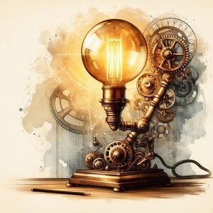 Könnte beinhalten: Eine Schreibtischlampe im Steampunk-Stil mit einer großen, leuchtenden Edison-Glühbirne. Die Lampe verfügt über komplizierte Messingzahnräder, Rohre und einen rechteckigen Sockel. Der Hintergrund hat einen Aquarelleffekt mit mehr Zahnrädern und einem Bleistift.