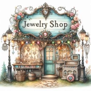 May include: A whimsical, illustrated shopfront with a sign that reads "Jewelry Shop". The shop is decorated with flowers, lights, and intricate details. The shopfront has a display window filled with jewellery and a door with a teal blue paint finish.