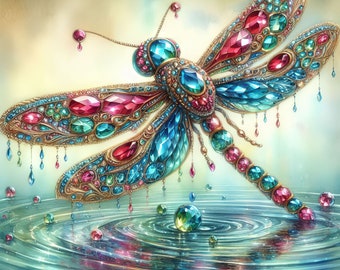 May include: A jeweled dragonfly with blue, green, and red gemstones, with gold accents, is perched on a rippling water surface. The dragonfly has delicate, dangling gemstone accents.