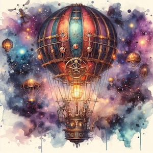 Steampunk Hot Air Balloon: 10 High Res Watercolor JPGs , Junk Journaling, Card Making, Digital Art, Whimsical, Fantasy, Digital Art