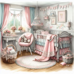 Shabby Chic Baby's Schlafzimmer Clip Art 10 hochauflösende JPGs in Aquarell Farben für Junk Journaling, Scrapbooking, Kartenherstellung, Digital Download Kit