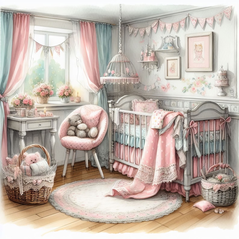 Shabby Chic Baby's Schlafzimmer Clip Art 10 hochauflösende JPGs in Aquarell Farben für Junk Journaling, Scrapbooking, Kartenherstellung, Digital Download Kit Bild 1