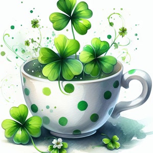 May include: A white teacup with green polka dots filled with four-leaf clovers. The cup has a handle and is sitting on a white surface with green watercolour splatters.